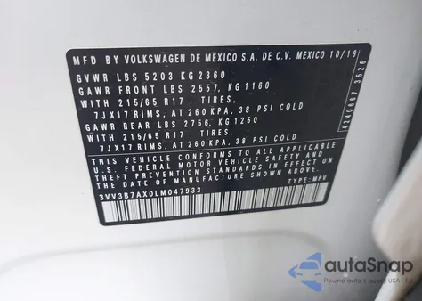 2020 Volkswagen Tiguan 2.0T Se/2.0T Se R-Line Black/2.0T Sel из США, поврежденный, VIN 3VV3B7AX0LM047933